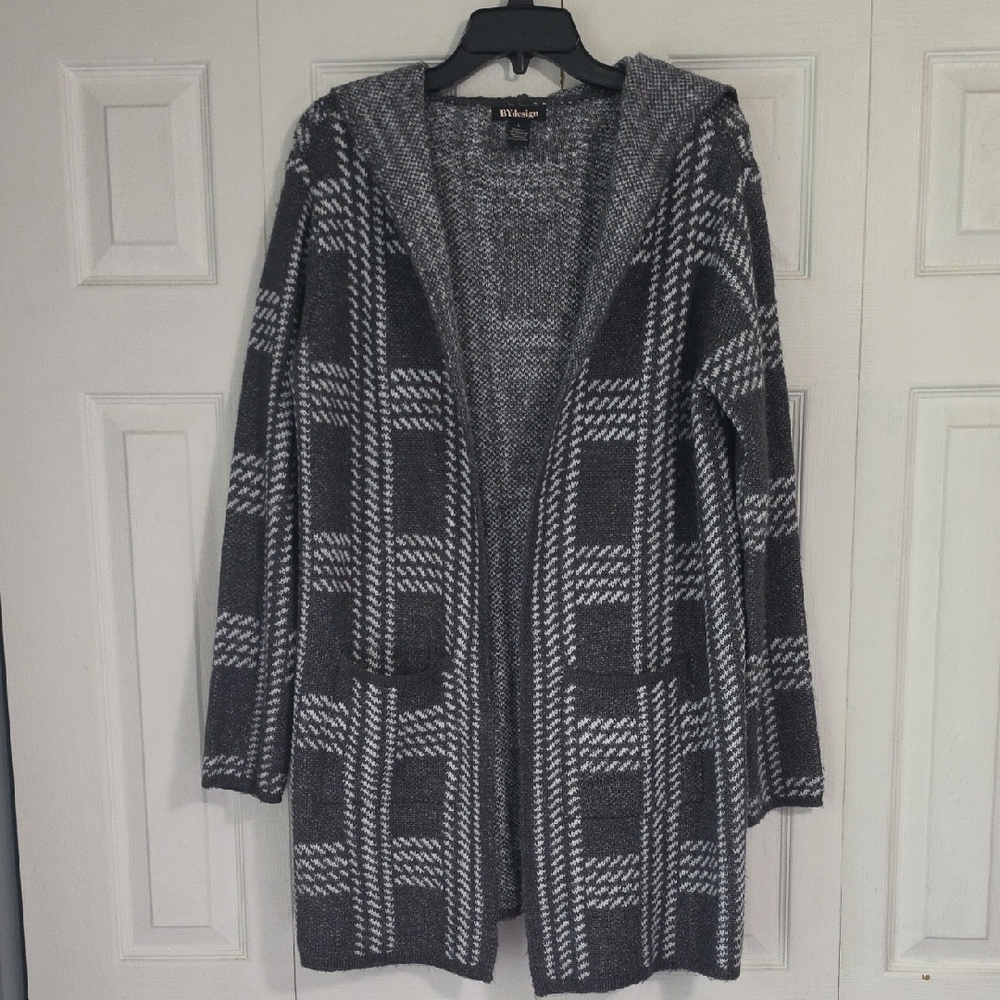 Witchery Hooded Open-Front Plaid Cardigan in Black and White